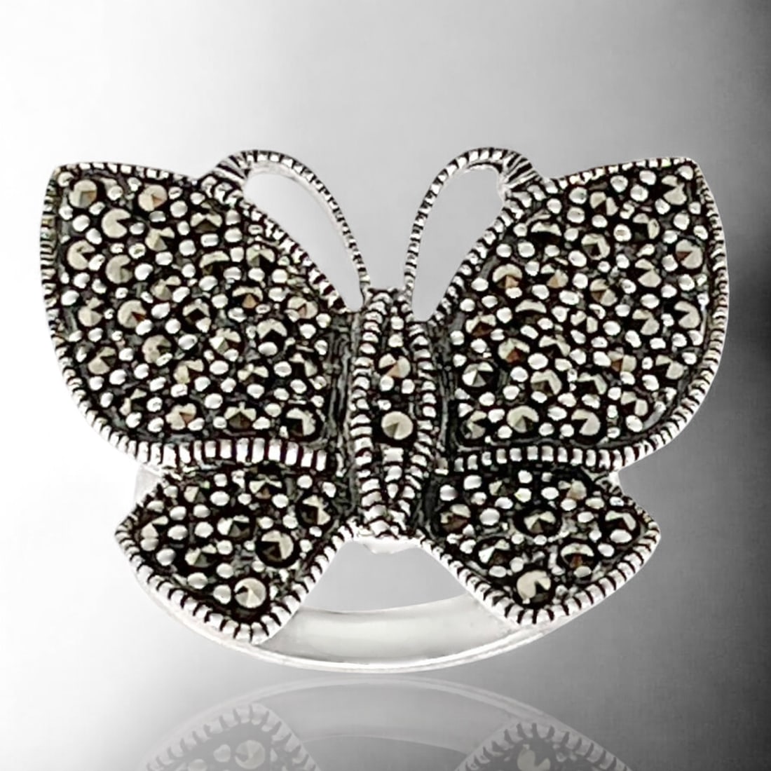 Sterling Silver Butterfly Ring Adorned with Marcasite - Size 7 (1 of 1)