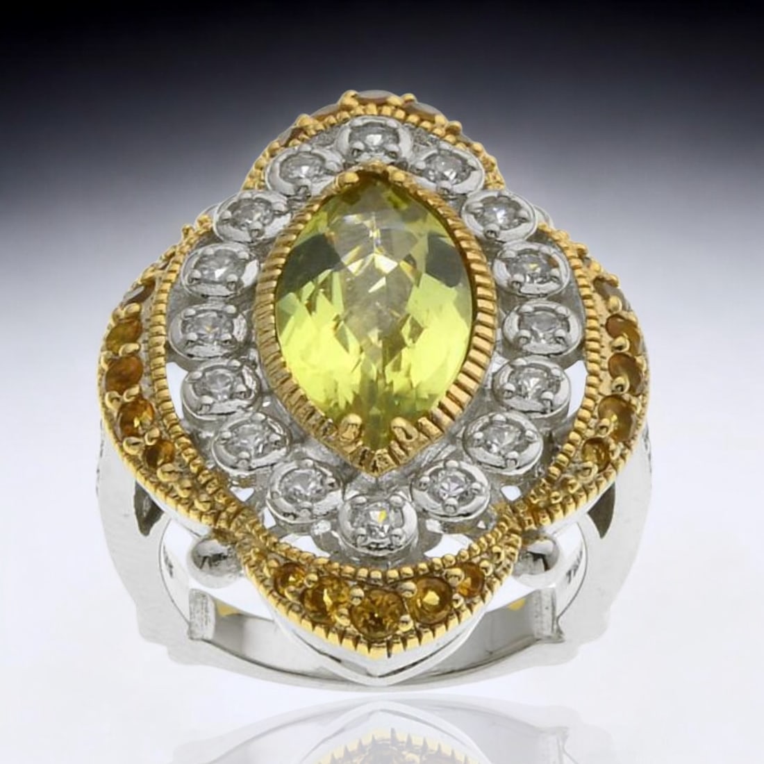 Lemon Quartz, White Topaz, & Citrine Two-Tone Ring – Size 7 (1 of 1)