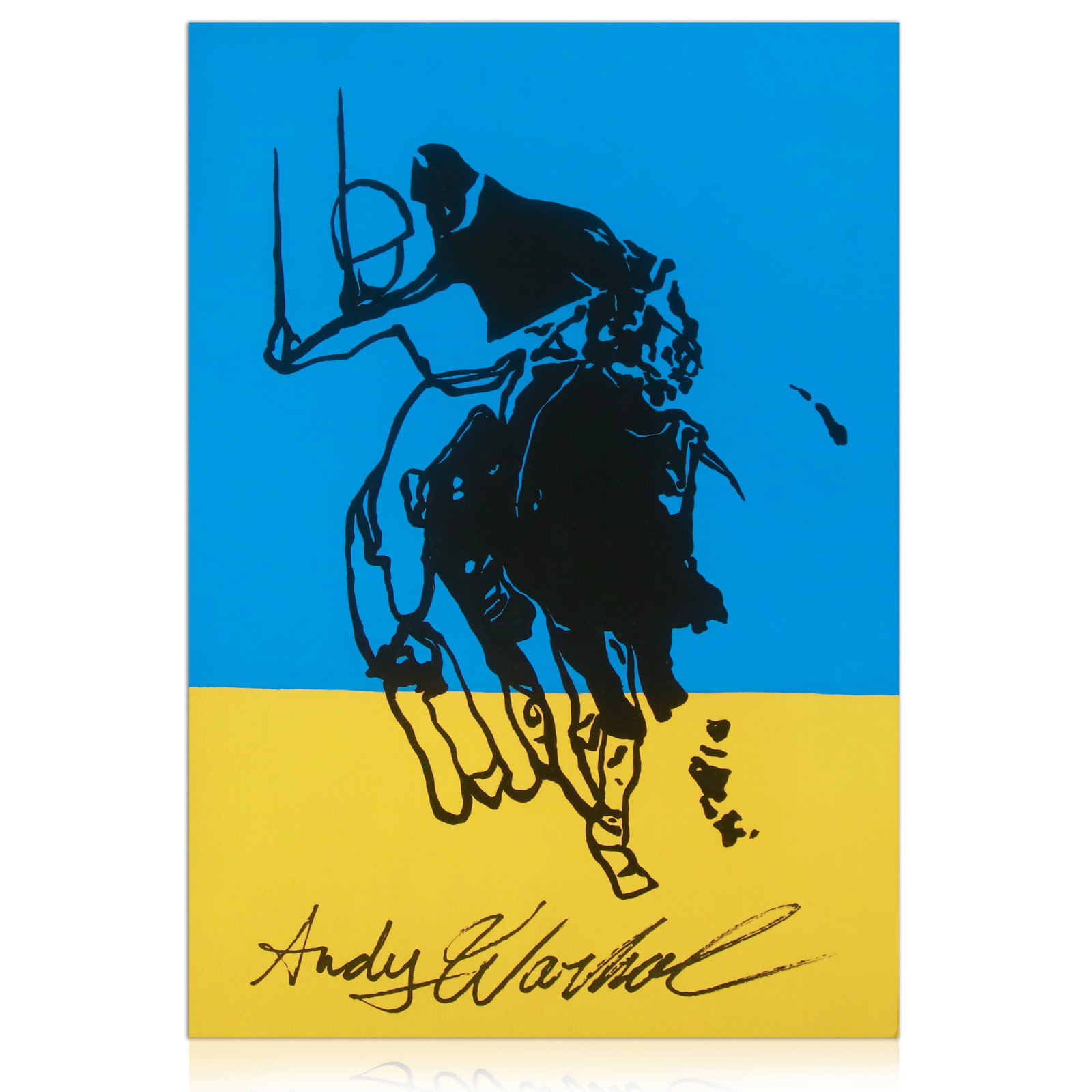 Painting on Paper In the Style of Andy Warhol: In the Style of Andy Warhol Painting on Paper – "Polo Players on Blue and Yellow Background" We are delighted to present an intriguing painting on paper executed in the style of the legendary pop ar