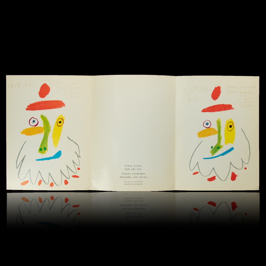 Pablo Picasso Happy New Year/Merry Christmas Trifold Card (1960/61): Pablo Picasso – Happy New Year/Merry Christmas Trifold Card (1960/61). Medium: Printed Card with Picasso’s Artwork. Date: 1960/61. This original trifold Happy New Year/Merry Christmas card featuri