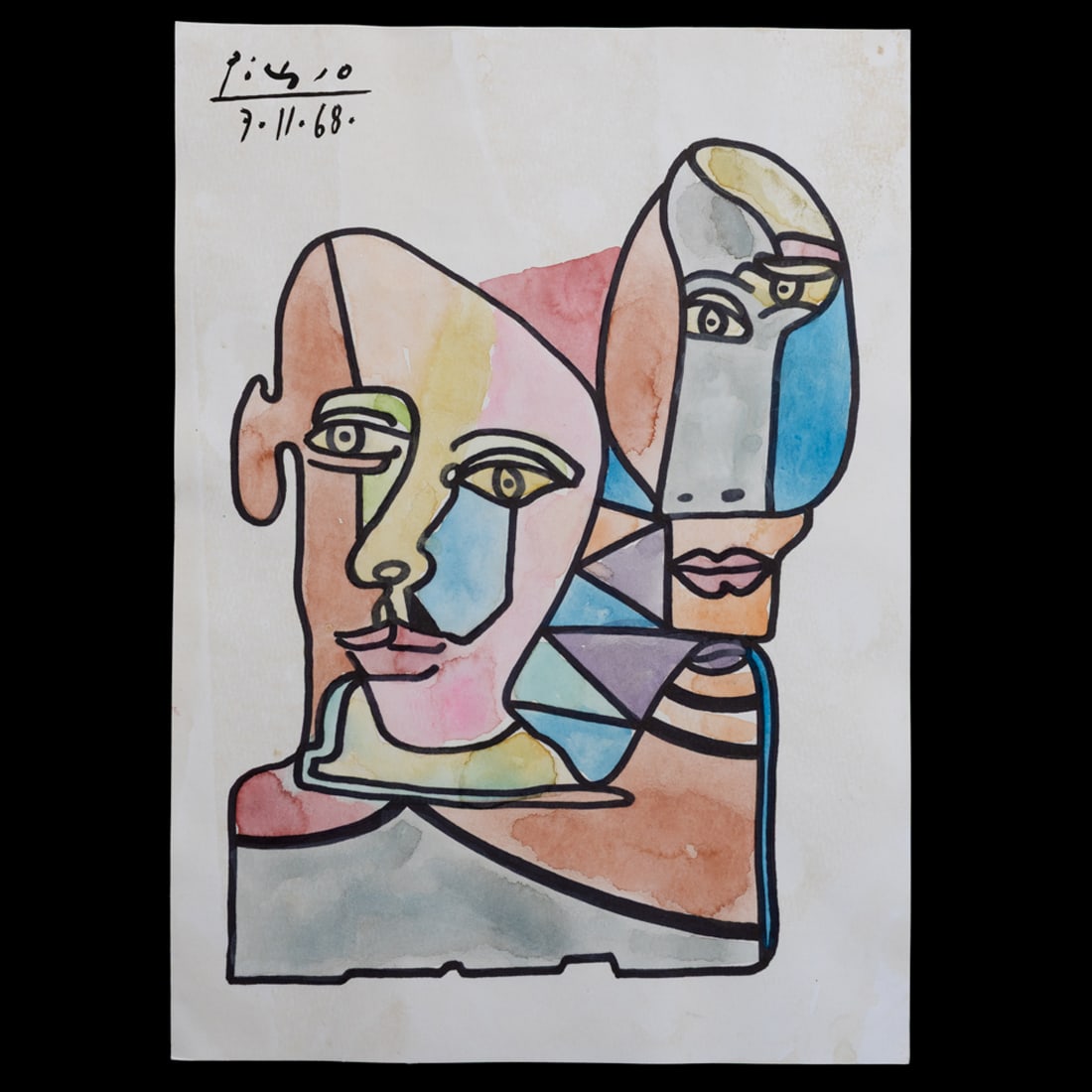 Rare Picasso Watercolor on Heavy Grade Paper: Title: Rare Picasso Watercolor on Heavy Grade Paper - A Confluence of Faces Auction Description: We are delighted to offer a watercolor piece attributed to Pablo Picasso, one of the most innovative an
