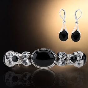 Colorado Black Moonstone & White Topaz Bracelet and Black Onyx Earrings