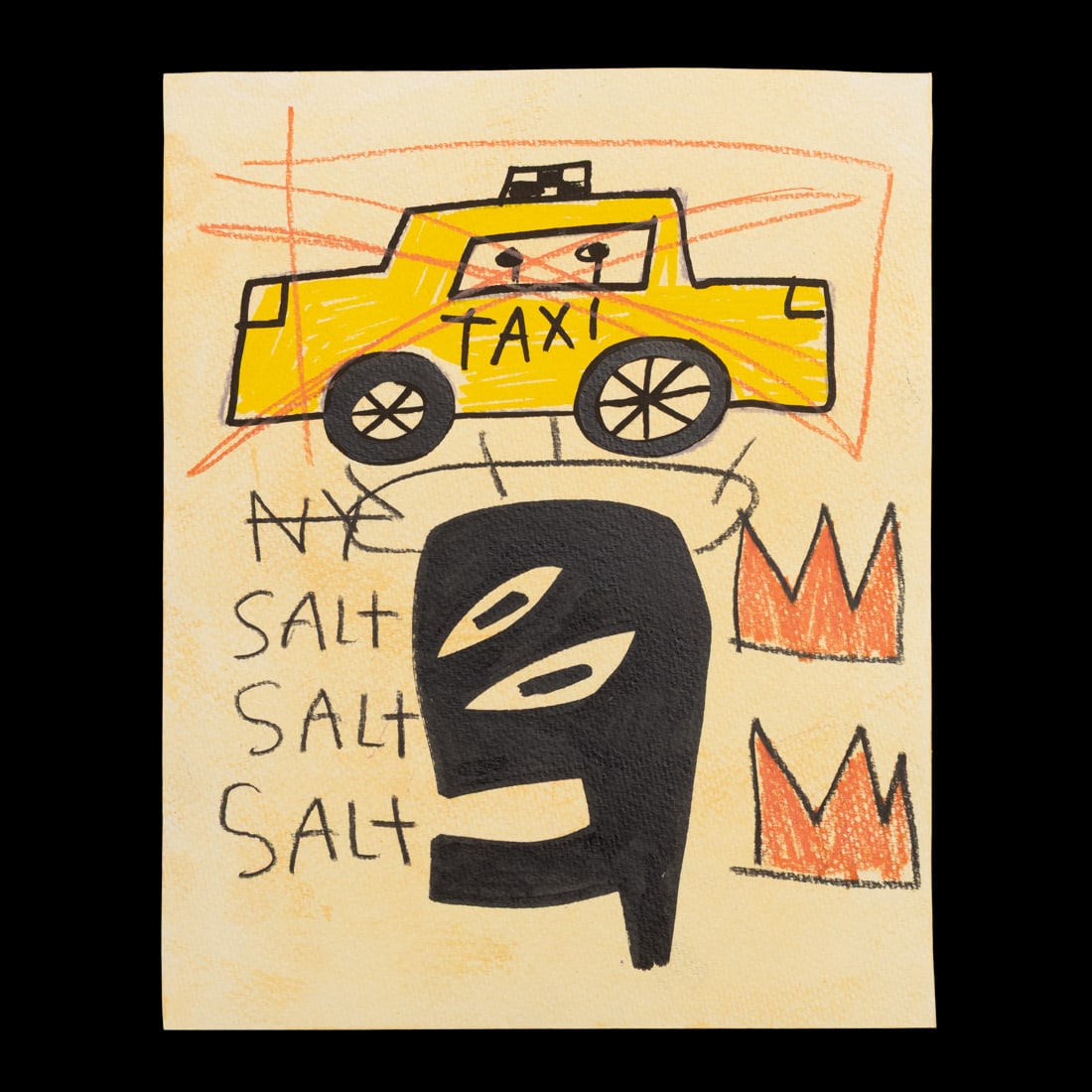 Expressive Jean-Michel Basquiat Artwork on Heavy Paper: Title: Expressive Jean-Michel Basquiat Artwork on Heavy Paper - A Symphony of Cultural Motifs Auction Description: Presenting a striking work attributed to Jean-Michel Basquiat, the trailblazing artis