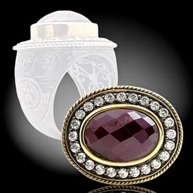 Faceted Ruby Red Corundum with 14K Gold accents on a Size 7 Sterling Silver Ring