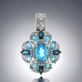 3.14 Cttw Sterling Silver Pendant with Swiss Blue Oval Topaz & Marquise London Blue Accents