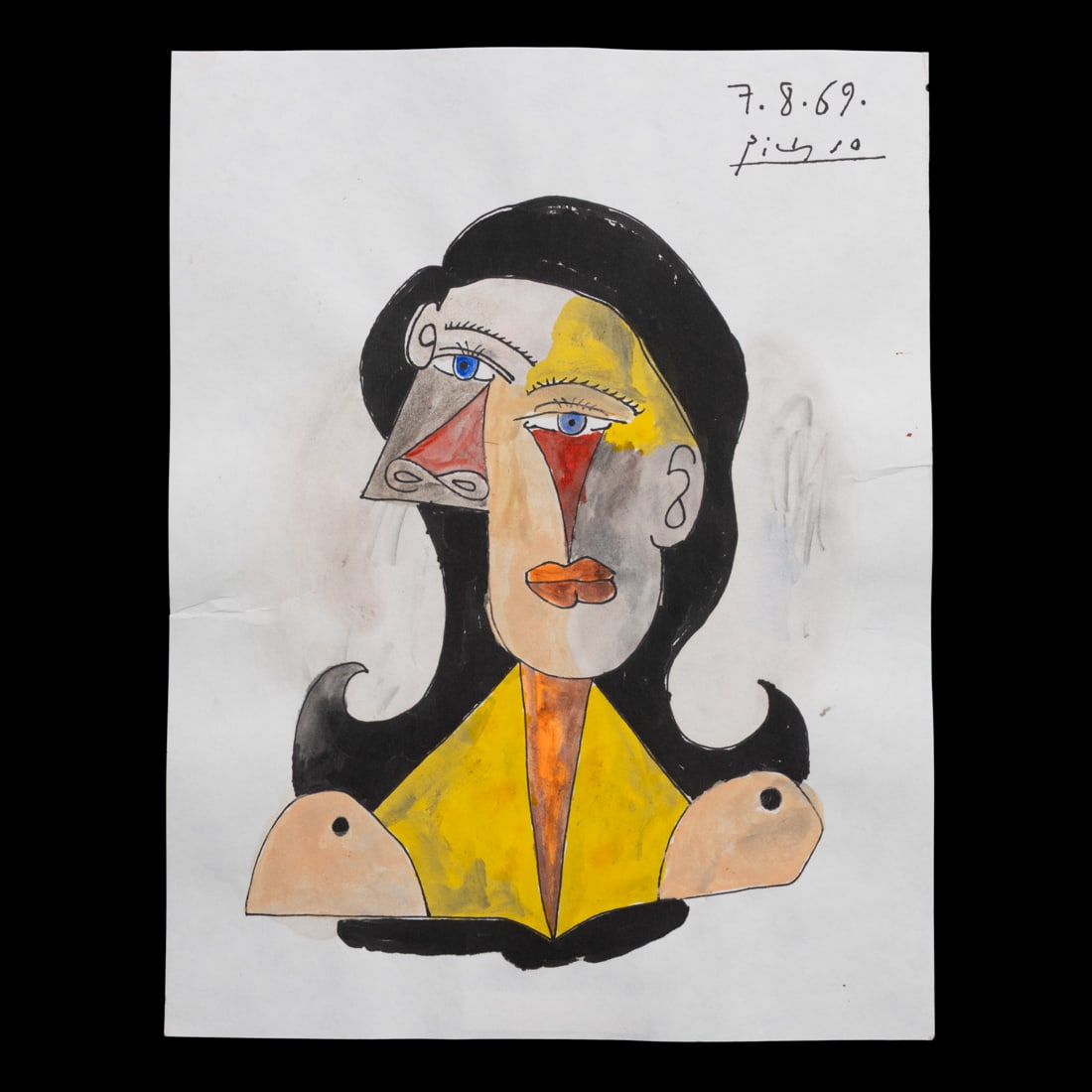 Unique Picasso Mixed Media Watercolor: Title: Unique Picasso Mixed Media Watercolor - Distorted Female Form with Bold Aesthetic Auction Description: Introducing a captivating mixed media watercolor attributed to Pablo Picasso, an artist wh
