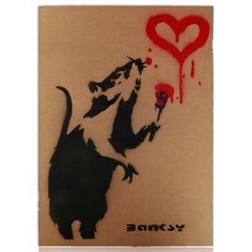 Banksy Cardboard Art: Rat with Paintbrush and Heart