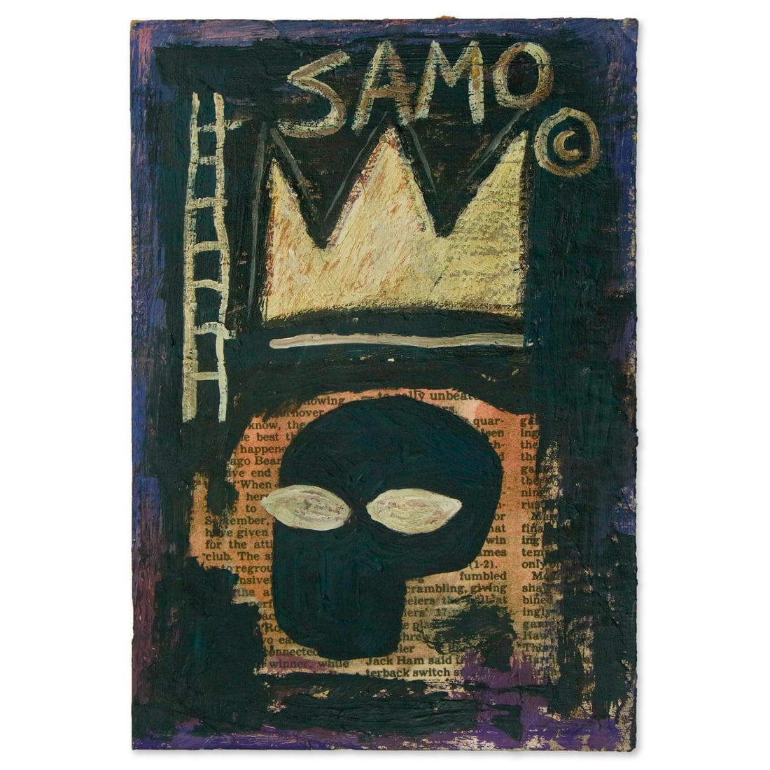 Jean Michel Basquiat Painting: Title: Captivating Art Auction: Jean-Michel Basquiat-Style Painting on Board – The Iconic SAMO Skull & Ladder Item Description: We are delighted to offer a unique piece of art attributed to the revo