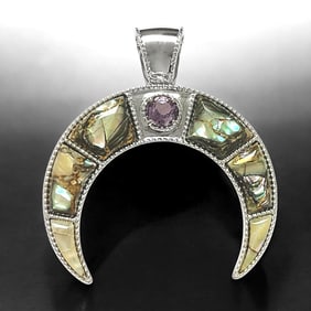 Double Horn Bronze Abalone Sterling Silver Pendant with a dazzaling Amethyst at the center