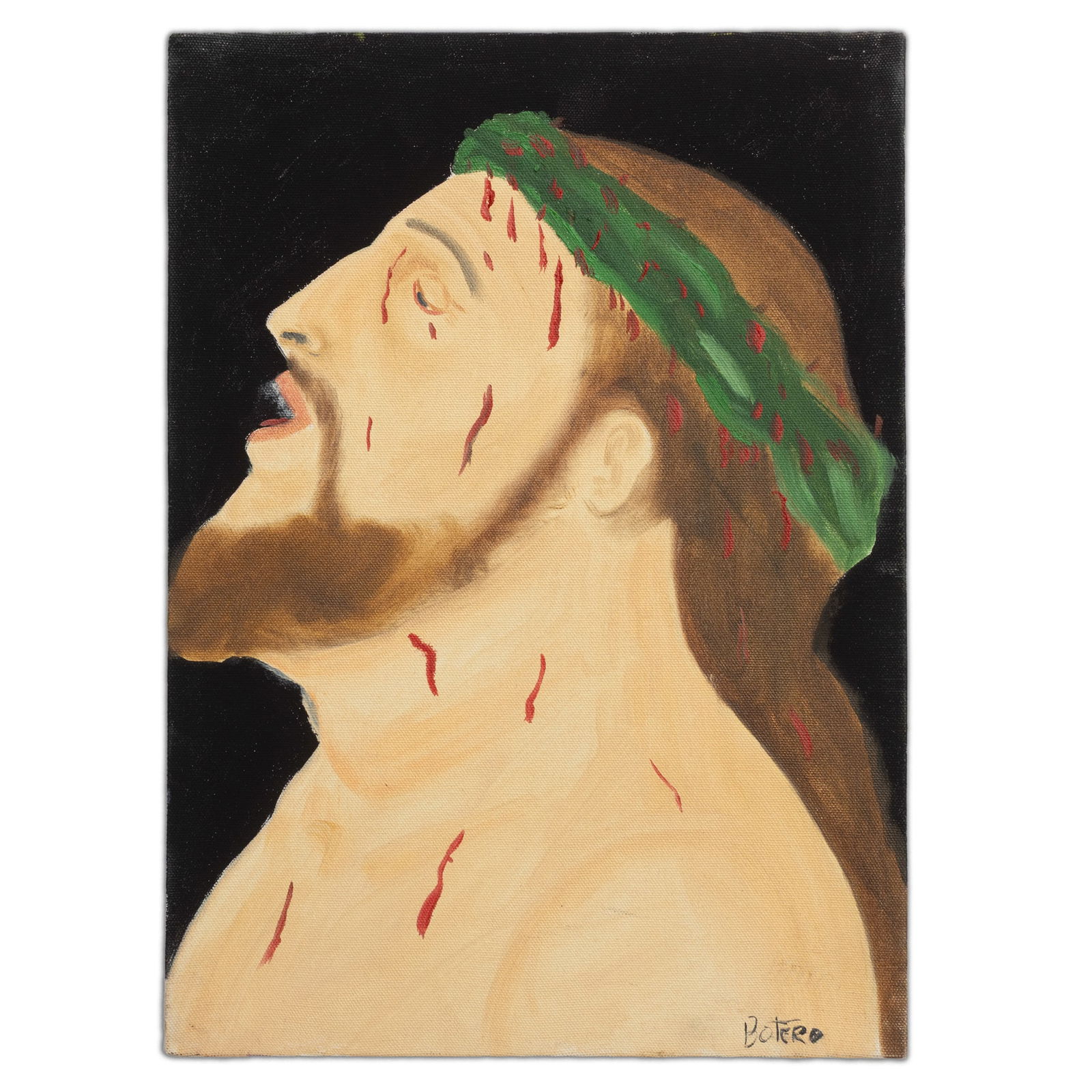 Botero Attributed Painting on Canvas - Jesus with Halo of Thorns: Title: Evocative Botero-Attributed Painting on Canvas - Iconic Jesus with Halo of Thorns Auction Description: We are honored to present a striking canvas painting attributed to Fernando Botero, the re