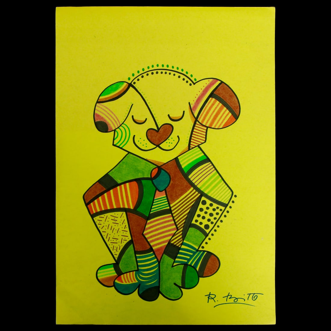 Romero Britto Mixed Media Art – Whimsical Dog Portrait on Striking Yellow: Title: Vibrant Romero Britto Mixed Media Art – Whimsical Dog Portrait on Striking Yellow Description: Immerse yourself in the playful and colorful universe of Romero Britto with this captivating mix