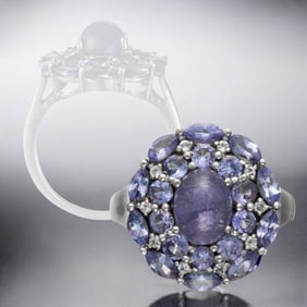 Exquisite Tanzanite & White Topaz Sterling Silver Ring - Size 8.5