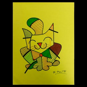 Romero Britto Mixed Media Art – Whimsical Cat Portrait on Vibrant Yellow