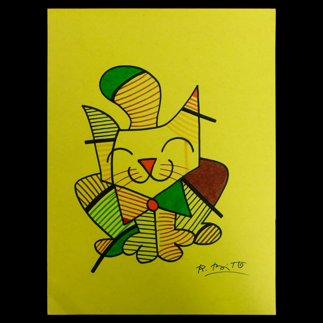 Romero Britto Mixed Media Art – Whimsical Cat Portrait on Vibrant Yellow (1 of 5)