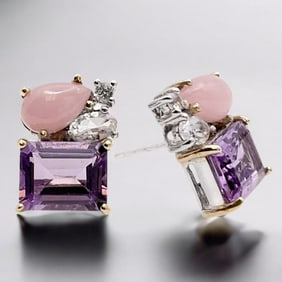 One-of-a-Kind Amethyst, Rose Quartz, & White Topaz Two-Tone Sterling Silver Earrings