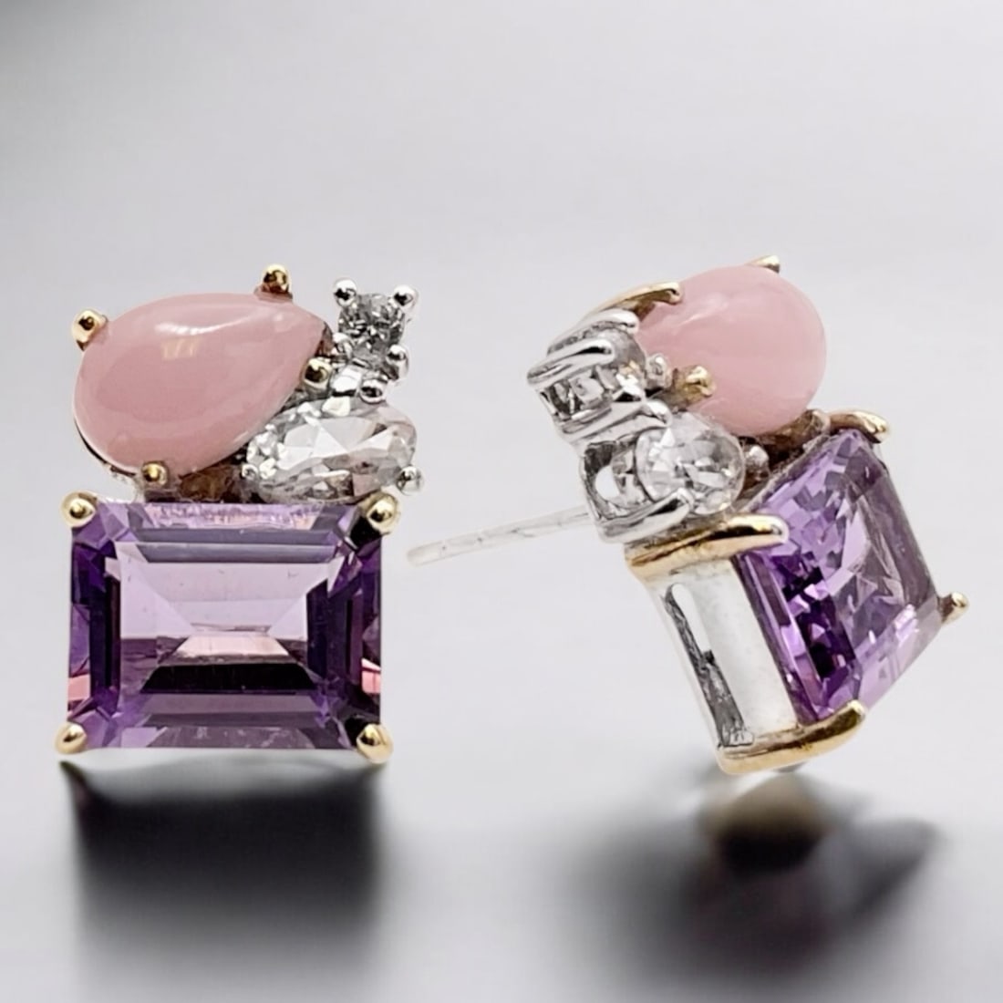 One-of-a-Kind Amethyst, Rose Quartz, & White Topaz Two-Tone Sterling Silver Earrings (1 of 1)