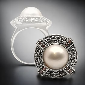 Imperial White Pearl, Garnet, & Marcasite Sterling Silver Ring - Size 7