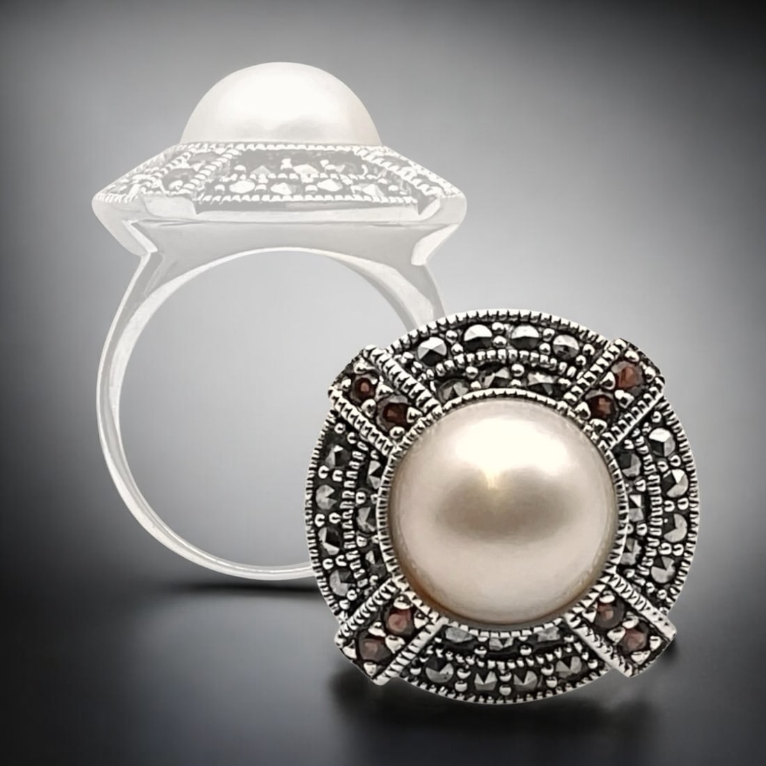 Imperial White Pearl, Garnet, & Marcasite Sterling Silver Ring - Size 7: Product Details Item: Ring Metal: Sterling Silver Gemstone: White Pearl, Garnet, & Marcasite Approximate Measurements: Width: 20.6mm Ring Size: 7 Chain Length: Not Applicable Chain Meta