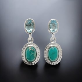 Southwest Campo Frio Turquoise & Swiss Blue Topaz Sterling Silver Earrings