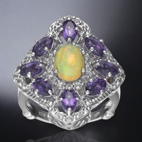 Opal & Amethyst Cocktail Ring surrounded by stunning White Topaz - Size 7