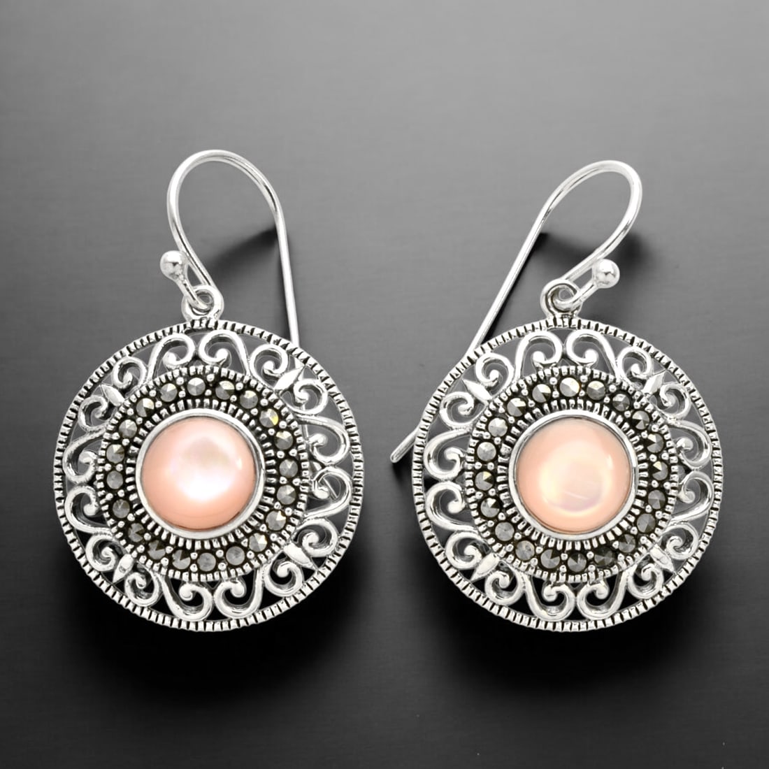 Enchanting Pink Mother-of-Pearl Sterling Silver Earrings with dazzaling Marcasite accents (1 of 1)
