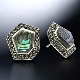 Modern Abalone Sterling Silver Earrings with Marcasite accents