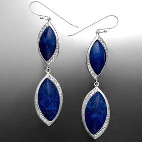 Avant Garde style Lapis Lazuli Sterling Silver Drop Earrings with stunning White Topaz accents