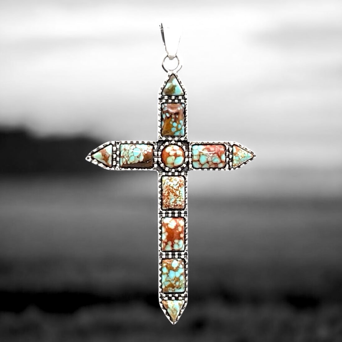 Spirtual #8 Mine Turquosie Sterling Silver Cross Pendant (1 of 1)