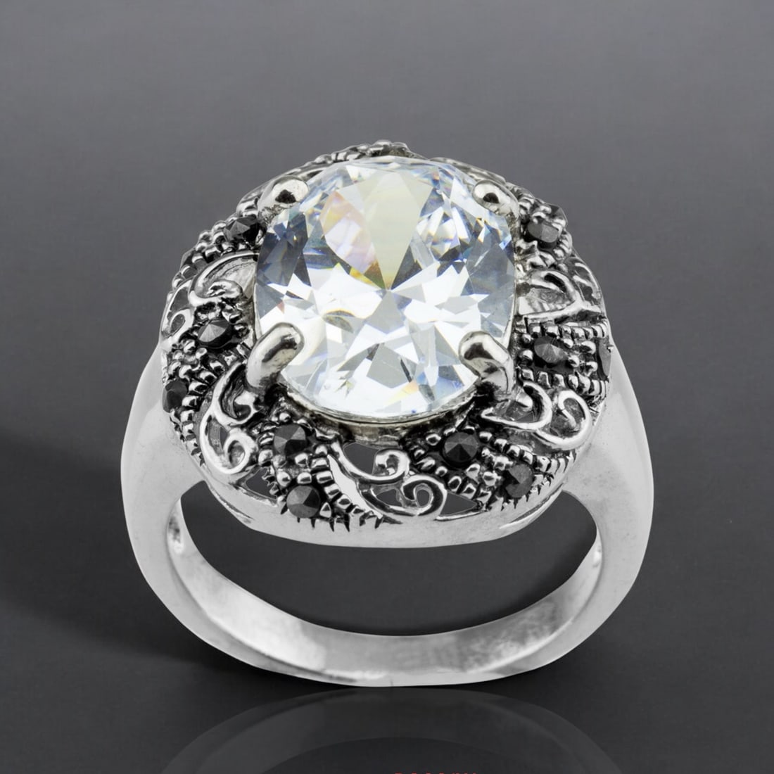 Spectacular Simulated Diamond Sterling Silver Ring with Marcasite - Size 7 (1 of 1)