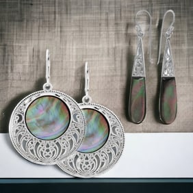 Set of 2 Black Mother-of-Pearl Sterling Silver Earrings – Disc & Elongated Styles