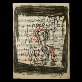Jean-Michel Basquiat Mixed Media Drawing on Sheet Music