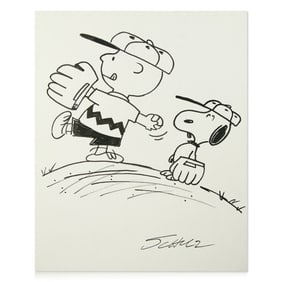 Charles Schulz Drawing – Charlie Brown and Snoopy Playing Baseball