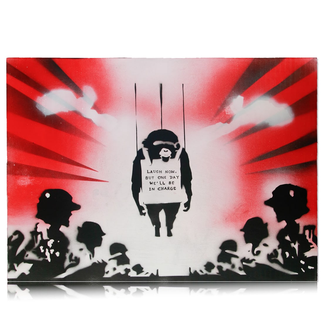 Banksy Attributed Cardboard Art: Title: Laugh Now, Puppet Master Description: Intriguing Cardboard Art Attributed to Banksy Attribution: Attributed to Banksy Medium: Spray paint on cardboard Overview: Available for auction is