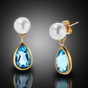 14K Gold Earrings with Pearls & Blue Topaz