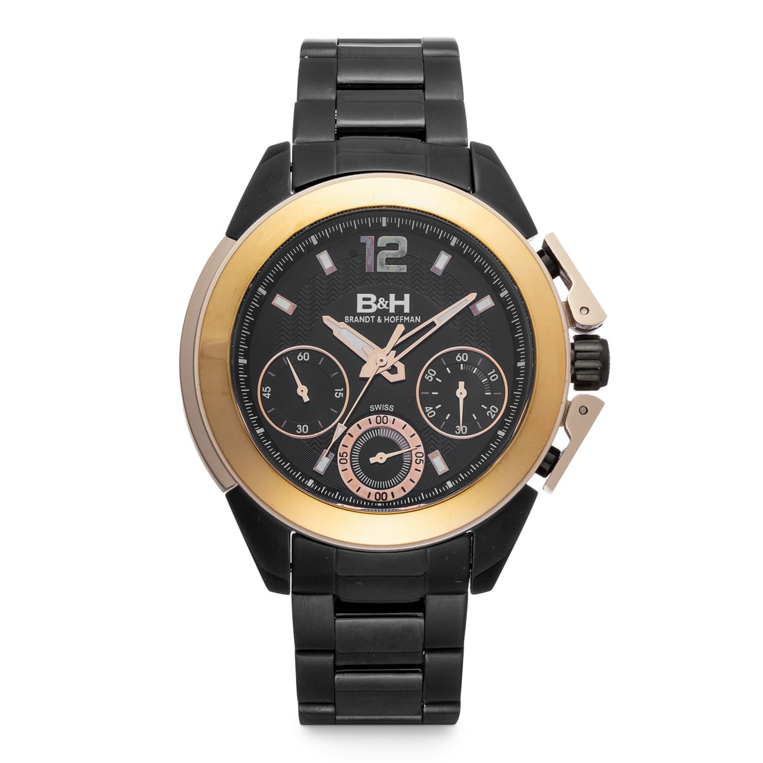 Brandt & Hoffman Swiss Chronograph – Precision in Motion: The Brandt & Hoffman Men's Watch is a bold fusion of performance and style. Powered by a Swiss movement, it features three chronograph subdials for 1/10th of a second, seconds, and minutes, ensuring p