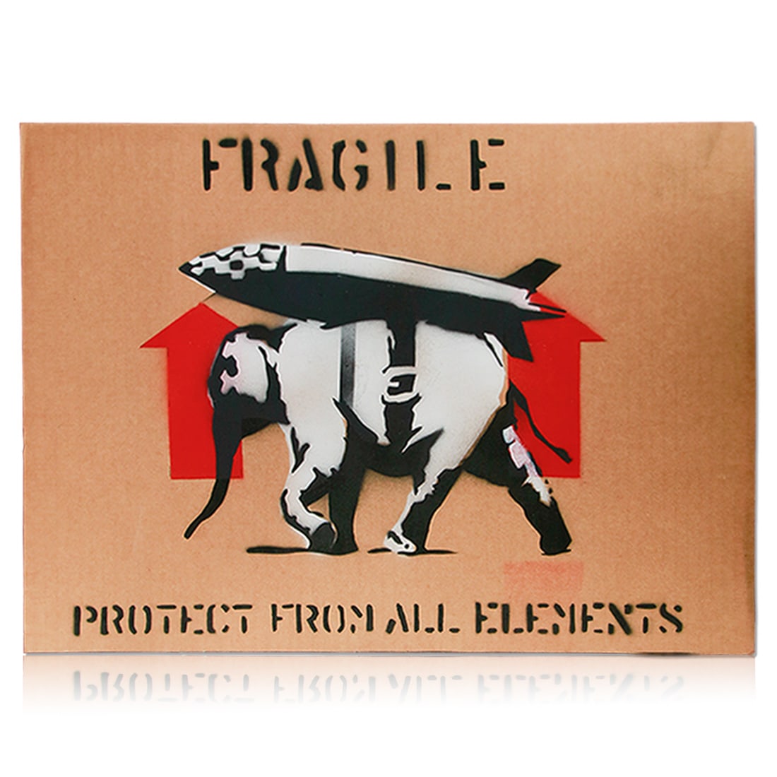 Banksy Attributed Striking Cardboard Art: Title: Fragile Elephant Description: Striking Cardboard Art Attributed to Banksy Attribution: Attributed to Banksy Dimensions: 14 x 19.5 inches Medium: Spray paint on cardboard Overview: