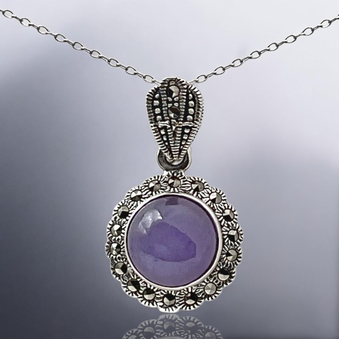 Regal Purple Jade & Marcasite Sterling Silver Pendant with 18" Chain (1 of 1)