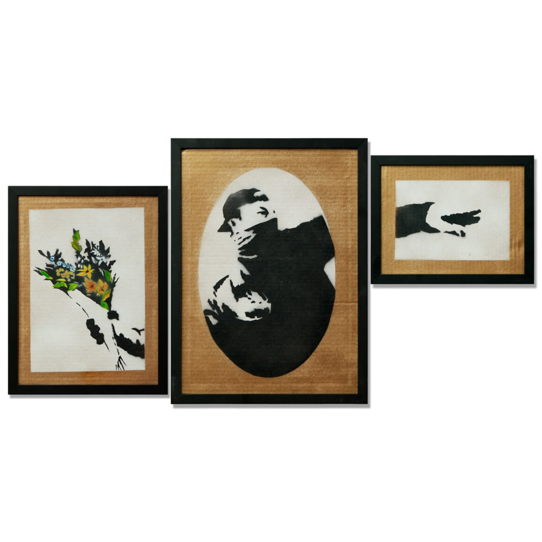 Banksy, "Flower Thrower" Triptych: Title: Influential Art Auction: Banksy-Style Cardboard Art – The Flower Thrower on Gold Description: We are pleased to present a striking piece of contemporary art attributed to the iconic and myste
