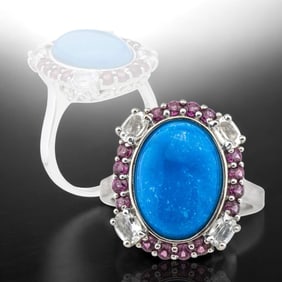 Deep Blue Ceruleite Sterling Silver Ring with Garnet & White Topaz – Size 5
