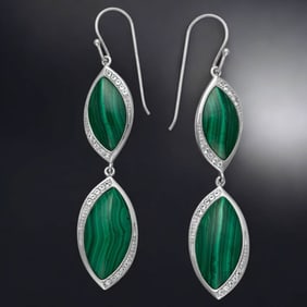 Green Malachite & White Topaz Sterling Silver Drop Earrings