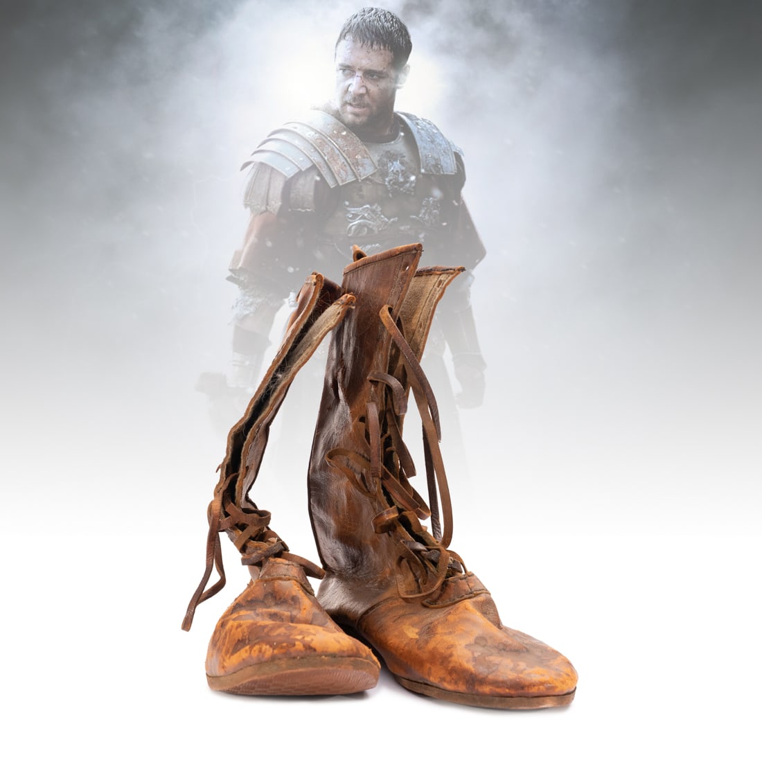 Gladiator (2000) Movie Prop Boots: Title: Forensically Authenticated Prop Boots from Gladiator (2000) Provenance: Comes with two forensic Certificates of Authenticity (COAs) and a complete forensic report Presentation: Presented in a m