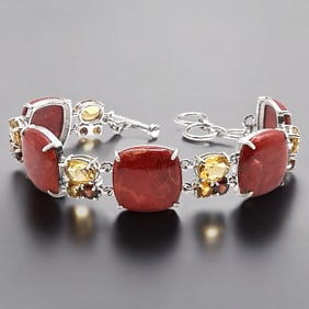 Radiant Sponge Coral Sterling Silver Bracelet with stunning Citrine & Garent Gems - 7" up to 7.75"