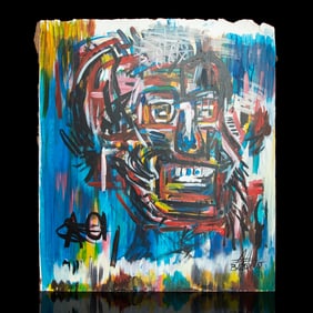 Striking Portrait Attributed to Jean-Michel Basquiat: "Masked Face with Striped Background"