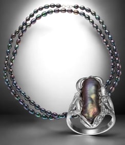 Peacock Pearl Long Necklace and Biwa Pearl Ring Combo