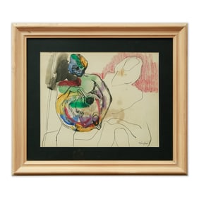 Enigmatic Drawing with Watercolor by Amedeo Modigliani: "Woman with Dragon Baby"