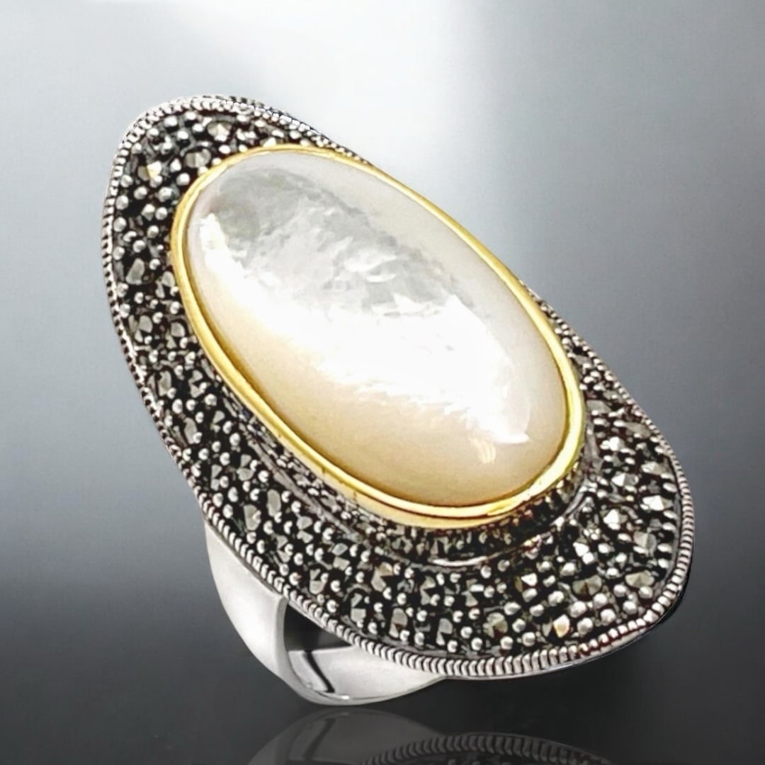 14K Gold & Sterling Silver Large Oval White Mother-of-Pearl Ring with an array of stunning Marcasite (1 of 1)