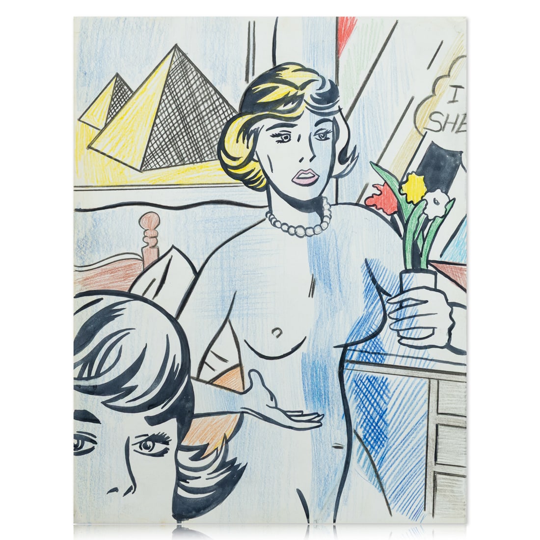 Roy Lichtenstein Mixed Media Drawing: "Woman with Plant": Title: Roy Lichtenstein Mixed Media Drawing: "Woman with Plant" Description: We are honored to present a remarkable mixed media drawing attributed to the iconic pop artist Roy Lichtenstein. Measuring