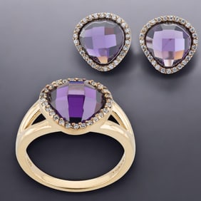 Stunning Elegence with this Jewelry Ring & Earrings Set; Deep Purple CZ crafted in Gold over