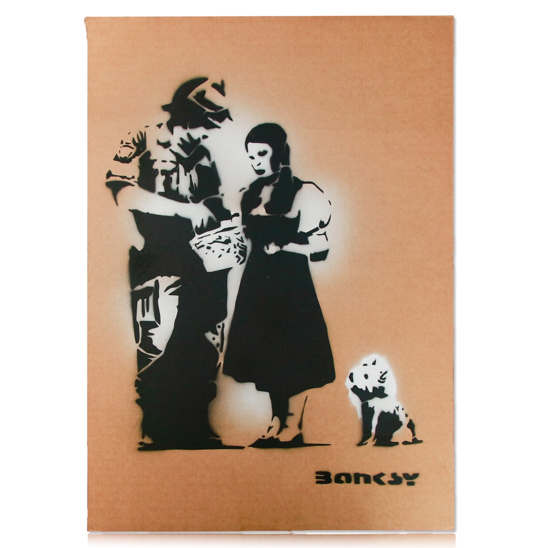 Rare Cardboard Artwork Attributed to Banksy: "Dorothy and the Fireman": Title: Rare Cardboard Artwork Attributed to Banksy: "Dorothy and the Fireman" Description: We are thrilled to present a remarkable piece of art attributed to the enigmatic street artist, Banksy. This 