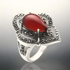 Regal Red Agate Gemstone set in Sterling Silver with dazzaling Marcasite accents - Size 7